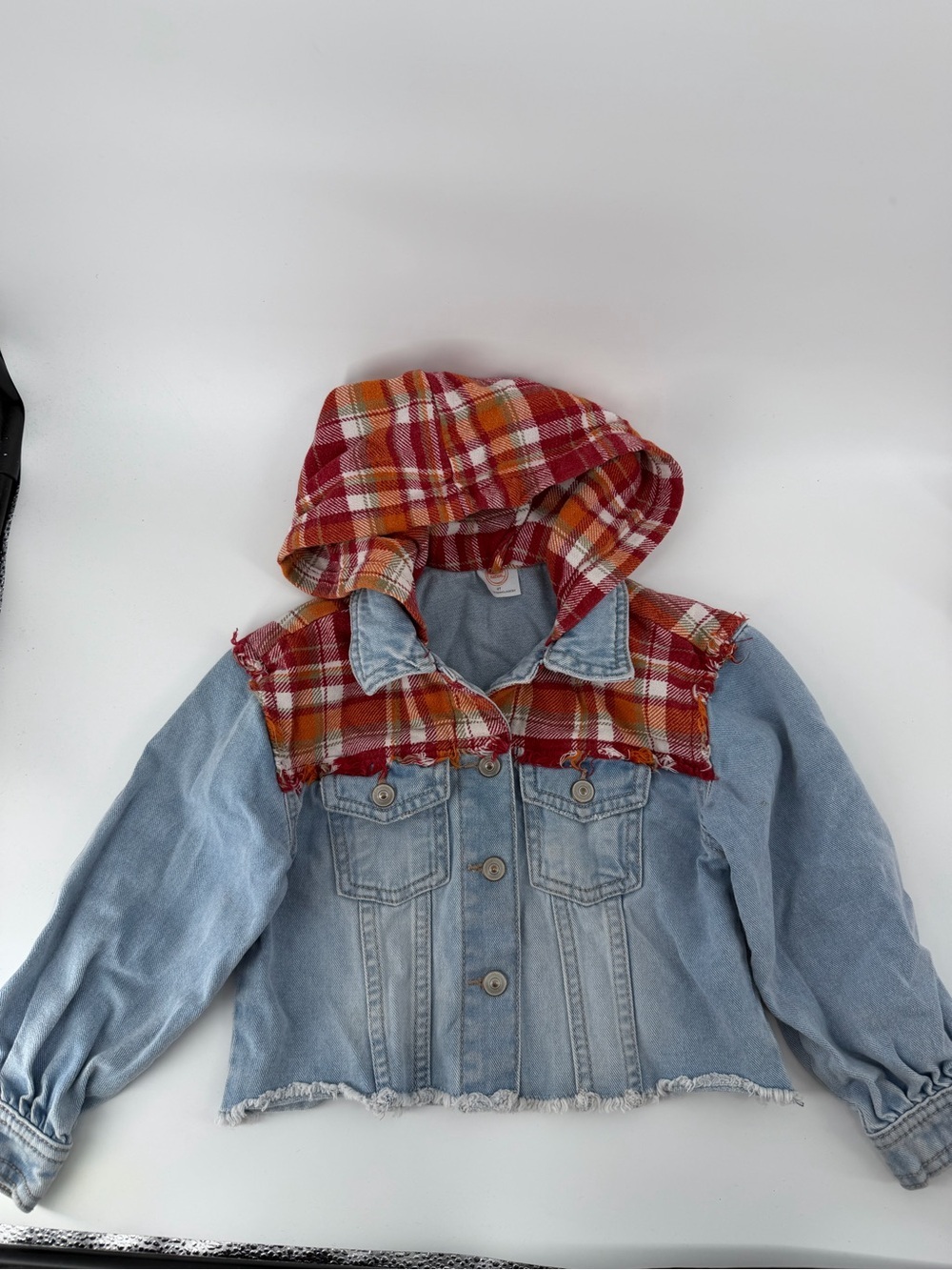 Wonder Nation Toddler Jean Jacket Hooded Plaid Flannel Distressed Denim 4T
